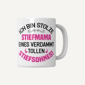 Stiefmama Tasse „Stolz auf meinen Stiefsohn“ – Schriftzug Weiß